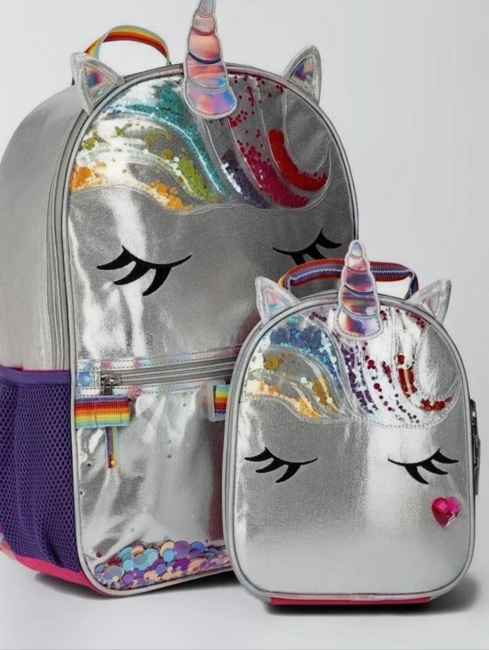 YNS Generic Silver Unicorn Kids Backpack and Lunch Bag Set with Rainbow Accents